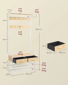 Kabátállvány cipőpaddal, 2 fiók, 10 akasztó, matt arany tölgy