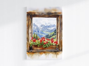 Vászonkép Canvas Ablak Kilátás Hegyek Alpok Hó Virágok Muskátli 40x60