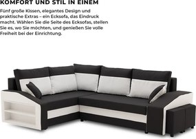 Grande sarokkanapé polcokkal és puffokkal , polc a bal karfaban puffok a jobb karfaban, baloldali, szövet anyag, hab töltet, fekete - fehér