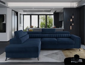 Kék bársony kinyitható-tárolóhelyes sarokkanapé (bal oldali-L alakú) Laurence – ELTAP