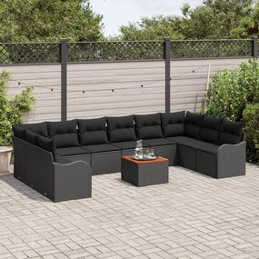 11 darabos kerti kanapé szett párnákkal, fekete poli rattan, akáciával, 2 személyes kerti kanapé, tárolóval és párnákkal, fekete poli rattan