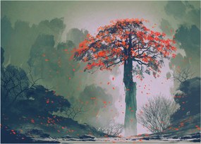 Egy magányos vörös fa képe (üvegen) (70x50 cm)