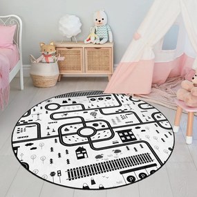Fekete-fehér mosható gyerek játszószőnyeg ø150 cm In My Town – Mila Home