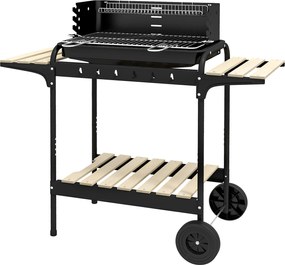 Outsunny Fém Faszenes BBQ Füstölő Grill Kerekekkel, Állítható Magasságú Grill Rács, Fa Polc, Hordozható Grill Kocsi, BBQ Virtuális Szabadtéri Főzéshez