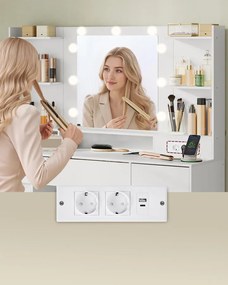 KAILYN Fésülködő asztal, tükrös sminkasztal LED világítással puffal és 2 szekrénnyel