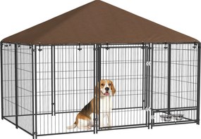 PawHut Fém Kültéri Kutyakerítés Napellenzővel és Forgó Etetőtálakkal 2 Tál a Teraszra 211x141x151 cm Fekete | Aosom