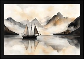 Poszter Keret Fa Ázsia Tájkép Hegyek Tenger Hajó Kína Japandi 60x40