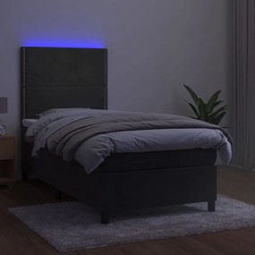 sötétszürke bársony rugós és LED-es ágy matraccal 90x190 cm