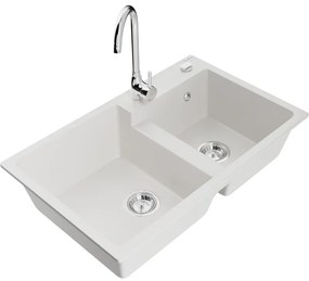 Mexen Tomas, gránit mosogató 800x500x190 mm, 2 kamrás és króm csaptelep Telma, fehér, 6516-20-670200-00