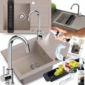 Gránit Mosogató Szett Bézs Konyhai Csapteleppel Szifon Csepegtető 9in1
