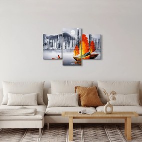 Festmény - Victoria Harbour, Hong Kong, fekete-fehér olajfestmény (90x60 cm)