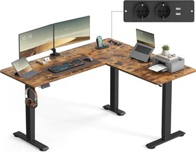 Elektromos L-alakú íróasztal, 140 x 160 cm, beépített töltőállomással rusztikus barna és fekete