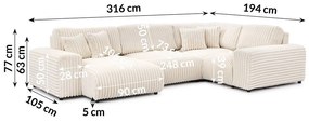 Krémszínű kordbársony sarokkanapé (jobb oldali-U alakú) Justin – Ropez