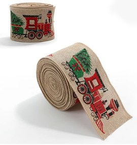 Karácsonyi szalag CHRISTMAS TRAIN 6,3 cm x 2 m, bézs