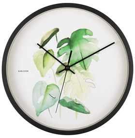 Monstera zöld-fehér falióra fekete kerettel, ø 26 cm - Karlsson