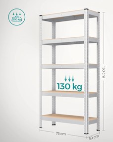 5 szintes polcrendszer, acél polcrendszer tároláshoz, csavarmentes összeszerelés, teherbírás 650 kg, 30 x 75 x 150 cm, ezüst