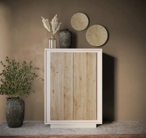 SKY 2.0 magas komód, 2 ajtóval, kasmír vázzal és Cadiz tölgy mintázatú laminált előlapokkal