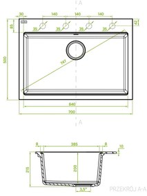 Laveo Tau, 1 kamrás gránit mosogató 700x500x215 mm, fekete, LAV-SBT_7107