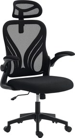 HOMCOM ergonomikus irodai szék, hálós ülés, összecsukható háttámla, 2D fejtámla, felhajtható kartámaszok, deréktámogatás, billentés és 360° forgás — v