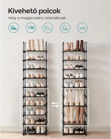 Keskeny 10 szintes cipőtartó akár 20 pár cipőhöz, 45 × 30 × 174 cm, fekete