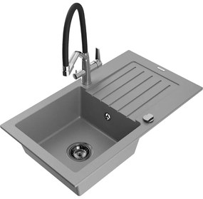 Mexen Pablo egymedencés gránit mosogató csepegtetővel és Duo konyhai csapteleppel, szürke - 6510-71-671701-07-B