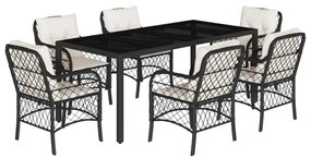 7 részes fekete polyrattan kerti étkezőgarnitúra párnával