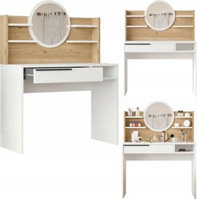 Ocean kerek tükör fésülködőasztal tölgy fehér polcos fiók tágas 100cm