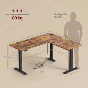 Elektromos L-alakú íróasztal, 140 x 160 cm, beépített töltőállomással rusztikus barna és fekete