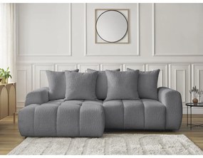 Szürke buklé kinyitható-tárolóhelyes sarokkanapé (bal oldali-heverő résszel) Roxelane – Bobochic Paris