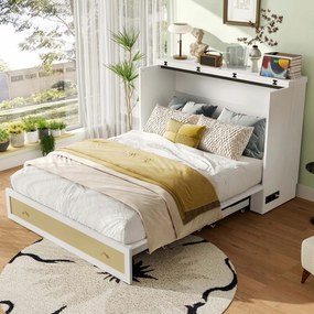 Murphy ágy 140x200CM Falra szerelhető behúzható ágy Usb összecsukható ágy Fehér