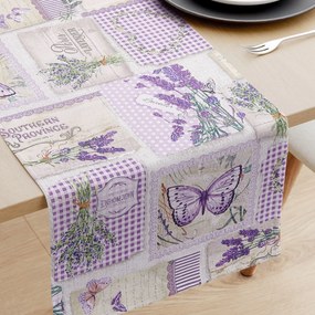 Goldea pamut asztali futó - patchwork levandula és pillangó mintás 20x120 cm