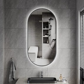 Erga Freya, ovális LED tükör 50x100cm fekete fém keretben, 3 világos szín, háttérvilágítás, páramentes fűtőpárna, ERG-V01-FREYA-5010-BK