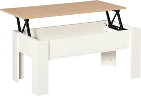 HomCom Emelhető Tetővel Bíró Dohányzóasztal Rejtett Tárolóhellyel 100x50x45-58.5 cm Fehér és Természetes | Aosom
