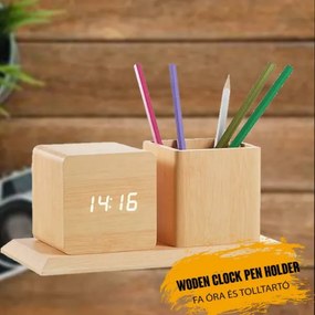 Woodstar Fa Hatású Asztali Digitális Óra És Tolltartó - Hangvezérléssel Faóra
