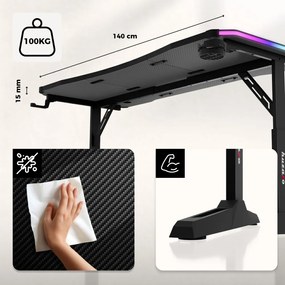 Gamer asztal, elektromos íróasztal Hero RGB fekete carbon 140 x 60 cm