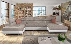 SAN DIEGO U alakú kinyitható kanapé - fehér ökobőr / bézs / rózsaszín, bal sarok