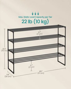 SONGMICS 4 szintes keskeny cipőállvány – 25–30 pár, fekete, 117 cm, egymásra rakható