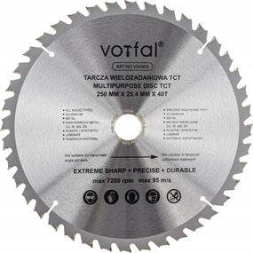 Vágótárcsa Többcélú Fűrész Tct 250X25,4X40T Fém Fa Kompozit