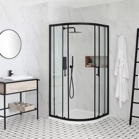 Elio Black 80X80 cm íves két tolóajtós zuhanykabin 6 mm vízlepergető biztonsági üveggel, fekete elemekkel, 190 cm magas