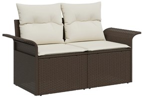 8 Részes Kert Sofaszett Párnákkal Barna Poli Rattan, 2-Személyes Kert Sofa Tárolóval és Párnákkal Barna Poli Rattan