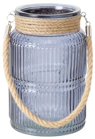 Kék bordásüveg mécsestartó kötél füllel 21x13,5 cm