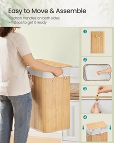 Fedeles bambusz mosókosár, 100 L, 2 rekeszes, hajtogatható bélészsákkal