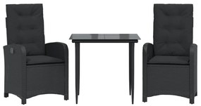 3 részes fekete polyrattan kerti étkezőgarnitúra párnákkal