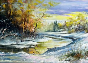 Egy téli folyó képe, olajfestmény (üvegen) (70x50 cm)