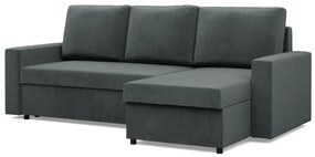 Zeus sarokkanapé, 1 ágyneműtartóval, egyenes kartámasz, bársony, univerzális oldal, hab töltet, szürke