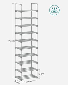 10 polcos cipőtartó, cipőtároló polc 174x45x30cm, szürke