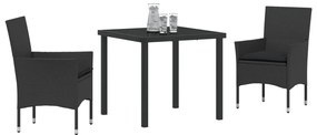 3 Részes Kert Étkezőszett párnákkal Fekete Polirattan, Kert Asztal Fekete 80x80x73 cm Edzett Üveg
