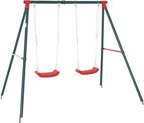 Outsunny Kettős Hinta Készlet Kicsiknek 3 Év Felett Fém Állvánnyal, Állítható Kötél, Kültéri, 40 kg Maximális Terhelhetőség, 239x156x180 cm, Zöld-Piro