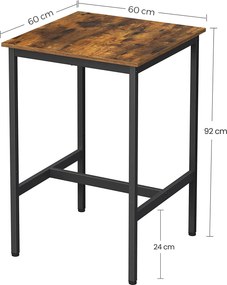 Bárasztal, 60 x 60 x 92 cm, 100 kg teherbírással, acélvázzal és lábtartóval, rusztikus barna és fekete