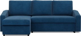 Zeus sarokkanapé, 1 ágyneműtartóval, döntött kartámasz, kordbársony, univerzális oldal, hab töltet, kék